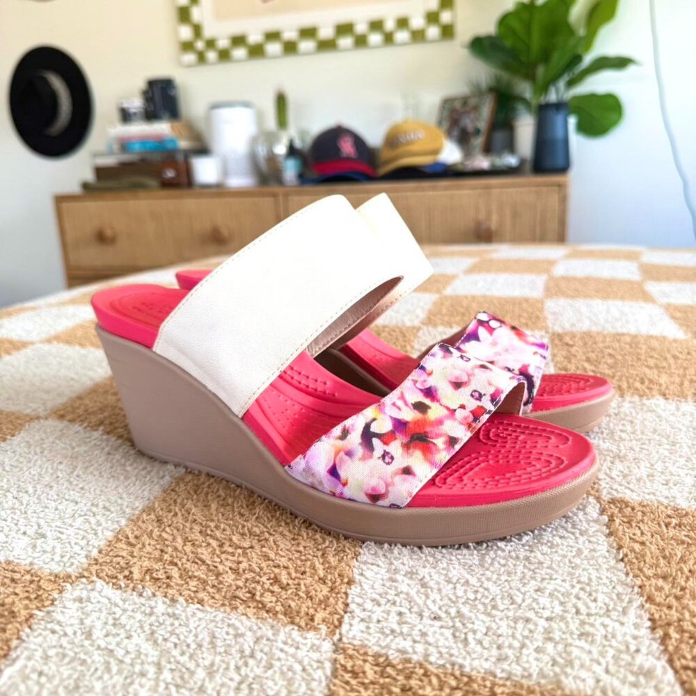 CROCS Women's Wedge Sandals - Cream and Pink Floral